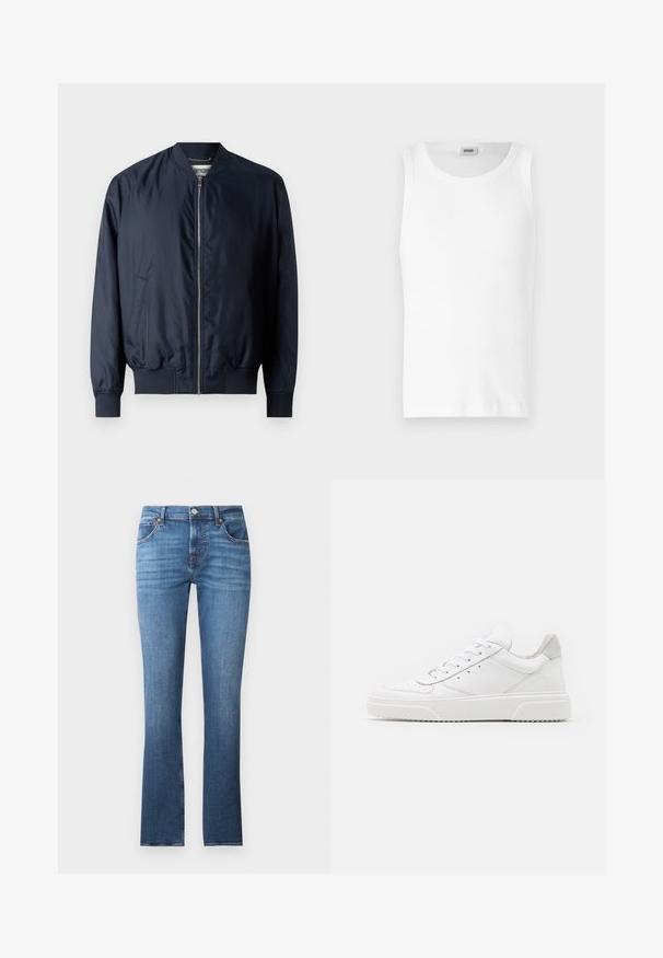 Marineblaues Bomberjacke mit glatter, glänzender Oberfläche, gerippten Bündchen und Saum, verfügt über einen Frontreißverschluss und Seitentaschen.; Weißes Baumwoll-Tanktop ohne Ärmel mit Rundhalsausschnitt und glatter Textur. Einfaches Design, ohne Muster oder Akzente.; Blaue Jeans aus Denim mit geradem Bein, leicht ausgebleicht, fünf Taschen und Metallbeschlägen. Der Bund ist mit Gürtelschlaufen ausgestattet.; Weiße Leder-Sneaker mit glatter Oberfläche, rundem Zehenbereich, flachen Schnürsenkeln und strukturiertem Schuhsohlen. Graues Wildleder-Detail an der Ferse.