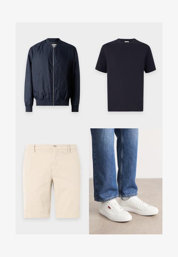 Veste bombardier navy avec une finition lisse et brillante, des poignets et un ourlet côtelés, dotée d'une fermeture éclair à l'avant et de poches latérales.; T-shirt en coton bleu marine avec un col rond, des manches courtes et une coupe décontractée ; texture lisse ; sans motifs ni quincaillerie visibles.; Shorts en coton beige avec une taille plate, une fermeture éclair, un bouton et des poches latérales. Texture lisse et design longueur genou.; Baskets blanches avec une surface lisse, un bout rond et une semelle plate. Accompagnées d'un jean en denim bleu avec une coupe droite et des coutures visibles.