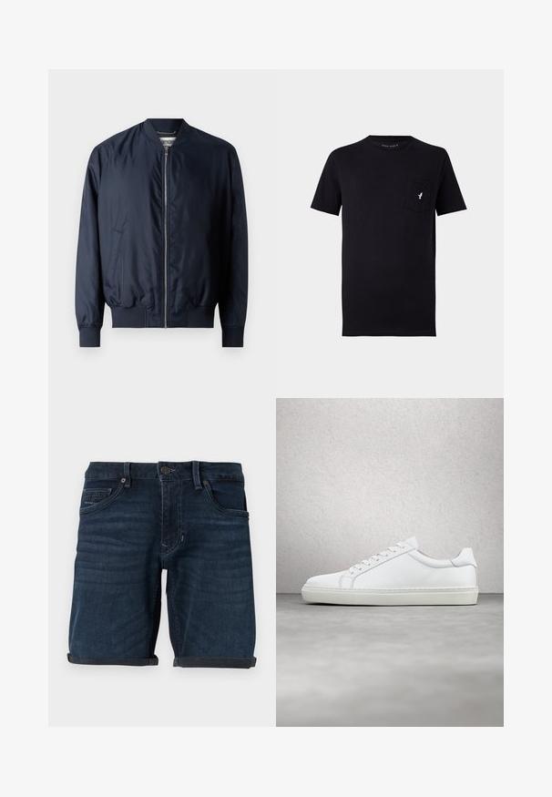 Marineblaues Bomberjacke mit glatter, glänzender Oberfläche, gerippten Bündchen und Saum, verfügt über einen Frontreißverschluss und Seitentaschen.; Schwarzes Baumwoll-T-Shirt mit kurzen Ärmeln, rundem Halsausschnitt und einer Brusttasche mit einem kleinen weißen Vogel-Logo. Weicher Stoff und einfaches Design.; Dunkelblaue Denim-Shorts mit umgeschlagenen Säumen, mit Fronttaschen, einem Knopfverschluss und einem Markenetikett auf der Gesäßtasche.; Weißer Sneaker mit glattem Lederobermaterial und niedrigem Profil. Verfügt über eine runde Zehenpartie, sechs Ösen und eine strukturierte Gummisohle.