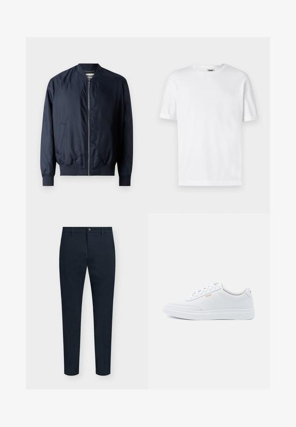 Veste bombardier navy avec une finition lisse et brillante, des poignets et un ourlet côtelés, dotée d'une fermeture éclair à l'avant et de poches latérales.; T-shirt en coton blanc avec un col rond, des manches courtes et des revers roulés ; design sobre, texture douce et coupe droite.; Pantalon slim bleu marine pour homme avec fermeture avant à bouton et zip, passants pour ceinture et design minimaliste.; Baskets blanches en cuir avec une texture lisse, bout rond et coutures tonales. Possède des lacets bleus et un logo doré sur le côté.