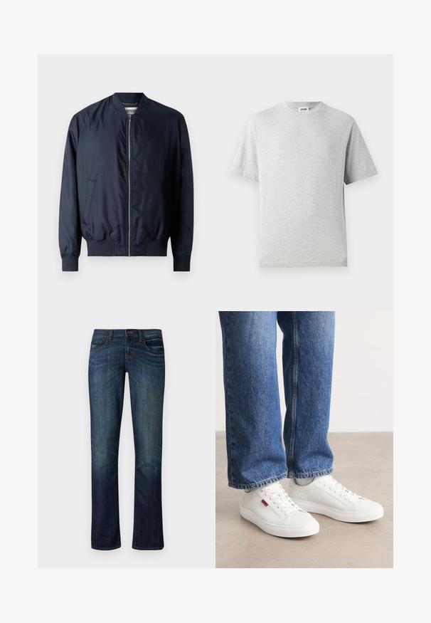 Marineblaues Bomberjacke mit glatter, glänzender Oberfläche, gerippten Bündchen und Saum, verfügt über einen Frontreißverschluss und Seitentaschen.; Graues T-Shirt mit kurzen Ärmeln aus weichem Stoff. Besitzt einen Rundhalsausschnitt, einen lockeren Schnitt und keine Muster oder Logos. Glatte Textur über das gesamte Shirt.; Dunkelblaue Jeans aus Denim mit geradem Schnitt, fünf Taschen, dezentem Verblassen und Stickakzenten. Hergestellt aus weichem, strapazierfähigem Stoff.; Weiße Sneakers mit glatter Oberfläche, runder Spitze und flacher Sohle. Ergänzt durch blaue Jeans im geraden Schnitt mit sichtbaren Nähten.