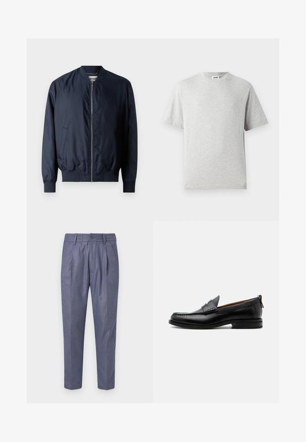 Chaqueta bomber en color azul marino con un acabado suave y brillante, puños y dobladillo acanalados, que cuenta con un cierre delantero de cremallera y bolsillos laterales.; Camiseta gris de manga corta hecha de tela suave. Presenta un cuello redondo, un corte relajado y no tiene patrones ni logotipos. Textura suave en toda la prenda.; Pantalones tejidos azul con un corte ajustado, que presentan pliegues delanteros, un cierre de botón y una textura suave. Largo recortado con piernas rectas.; Mocasín de hombre de piel negra con costura moc toe, tira penny, cuello texturizado y tacón bajo apilado sobre fondo blanco.