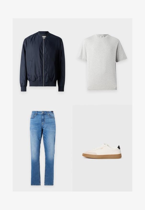 Marine bomberjack met een gladde, glanzende afwerking, geribbelde manchetten en zoom, beschikt over een voorrits en zijzakken.; Grijze korte mouwen t-shirt van zacht materiaal. Heeft een ronde hals, een relaxte pasvorm en geen patronen of logo's. Overal een gladde textuur.; Lichtblauwe denim jeans met een rechte pasvorm, vijf zakken, sluiting met een knoop aan de voorkant en subtiele vervaging op de dijen.; Witte sneakers met beige accenten, bovenwerk van glad leer, ronde neus en rubberen gumzool, met een zwarte hieltab en subtiele branding.