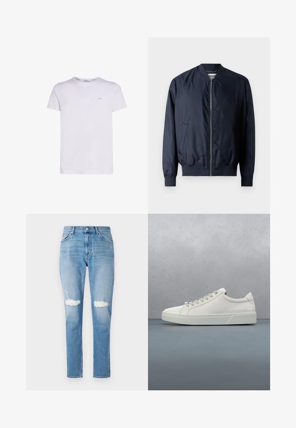 Marineblaues Bomberjacke mit glatter, glänzender Oberfläche, gerippten Bündchen und Saum, verfügt über einen Frontreißverschluss und Seitentaschen.; Weißes Baumwoll-T-Shirt mit kurzen Ärmeln, Rundhalsausschnitt und einem kleinen Logo-Label auf der linken Brust, mit glatter Textur und schlichtem Design.; Hellblaue Jeans aus Denim mit geradem Bein, verwaschenen Knieöffnungen und einem Fünf-Taschen-Design mit einem vorderen Knopfverschluss.; Weißes Leder-Sneaker mit abgerundetem Zehenbereich, minimalistisches Design, graue Schnürsenkel und einer strukturierten grauen Gummisohle. Dezente Nähte sichtbar.