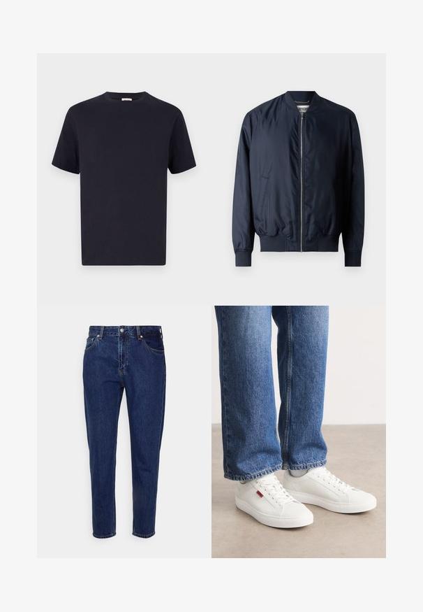 Marine bomberjack met een gladde, glanzende afwerking, geribbelde manchetten en zoom, beschikt over een voorrits en zijzakken.; Navy blauwe katoenen T-shirt met een ronde hals, korte mouwen en een relaxte pasvorm; gladde textuur; geen zichtbare patronen of hardware.; Donkerblauwe straight-leg spijkerbroek met knoop- en ritssluiting aan de voorkant, riemlussen, en voor- en achterzakken.; Witte sneakers met een glad oppervlak, ronde neus en platte zool. Vergezeld door blauwe denim jeans met een rechte pasvorm en zichtbare stiksels.
