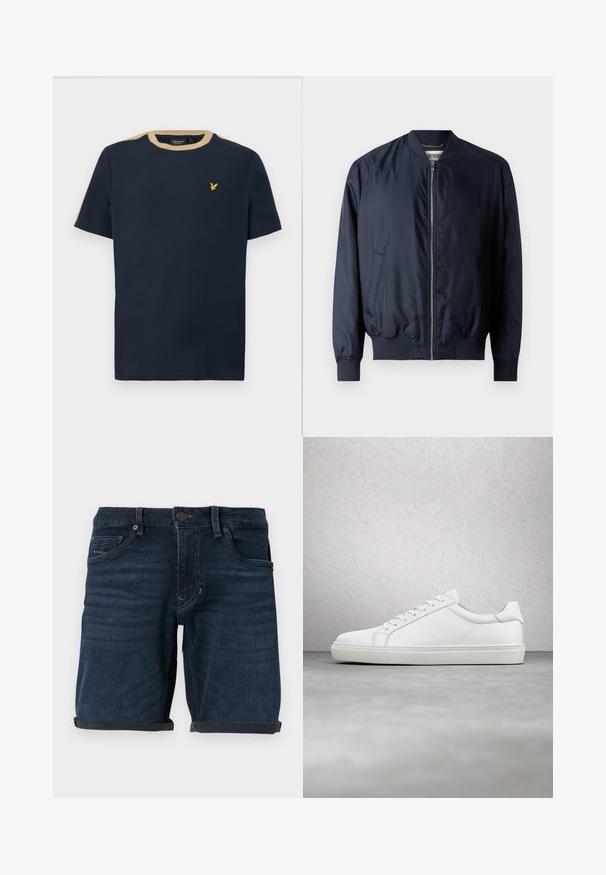 Chaqueta bomber en color azul marino con un acabado suave y brillante, puños y dobladillo acanalados, que cuenta con un cierre delantero de cremallera y bolsillos laterales.; Camiseta azul marino de algodón con escote redondo y mangas cortas. Presenta un borde de color beige y un pequeño logo bordado en dorado.; Pantalones cortos de mezclilla azul oscuro con puños enrollados, que presentan bolsillos frontales, un cierre de botón y una etiqueta de marca en el bolsillo trasero.; Zapatilla blanca con parte superior de cuero liso y perfil bajo. Presenta una puntera redondeada, seis ojales y una suela de goma texturizada.