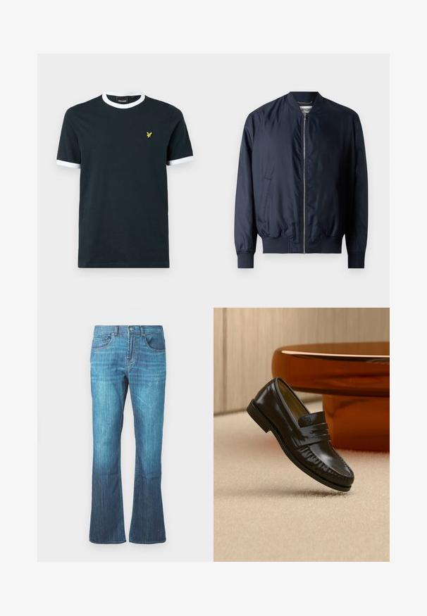 Marine bomberjack met een gladde, glanzende afwerking, geribbelde manchetten en zoom, beschikt over een voorrits en zijzakken.; Marineblauw katoenen T-shirt met witte geribde kraag en mouwranden. Wordt gekenmerkt door een klein geel geborduurd logo op de linkerkant van de borst.; Mid-blue gewassen denim jeans met een lichte flare aan de onderkant, klassieke vijf-pocket ontwerp, en een sluiting met knoop en rits aan de voorkant.; Glanzende zwarte leren loafer met een banddetail, geplaatst op een beige tapijt naast een ronde bruine salontafel in een zacht verlichte kamer.