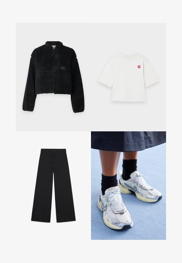 Chaqueta de forro polar negra con cuello alto, diseño corto, mangas largas, bolsillo frontal y tejido texturizado. Presenta un logo en el pecho.; Camiseta de manga corta blanca de algodón. Presenta un pequeño logo cuadrado rojo en la parte izquierda del pecho. Corte recto. Textura suave.; Pantalones anchos negros hechos de una suave tela tejida. Presentan pliegues marcados, trabillas para el cinturón y un acabado limpio y ajustado.; Zapatillas Nike blancas y plateadas con tejido de malla, detalles reflectantes y una suela beige. Llevadas con calcetines negros, de pie sobre una superficie azul.