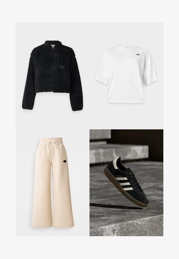 Sort fleecejakke med høj krave, cropped design, lange ærmer, frontlomme og struktureret stof. Har et logo på brystet.; Hvid T-shirt med korte ærmer og rund hals med The North Face-logo i sort på venstre bryst.; Beige brede sweatpants lavet af blødt stof, med en elastisk talje med snor og et lille sort logo på siden.; Sort Adidas-sneaker med hvide striber og gummisåler, svævende over grå betontrapper i naturligt lys.
