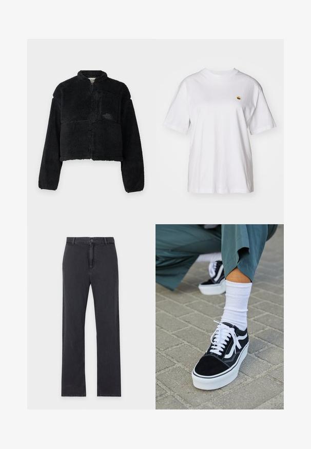 Sort fleecejakke med høj krave, cropped design, lange ærmer, frontlomme og struktureret stof. Har et logo på brystet.; Hvid bomulds-t-shirt med en afslappet pasform, korte ærmer og et lille broderet logo på venstre brystområde.; Straight-leg sorte jeans med forreste knap- og lynlåslukning, bæltestropper og klassisk fem-lommer design, lagt fladt på hvid baggrund.; Sorte ruskinds sneakers med hvide accenter og snørebånd, der har en tyk hvid sål og kontrasterende syninger, parret med en hvid sok.