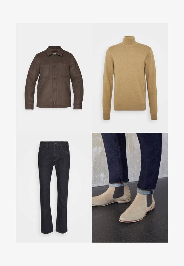 Veste en laine marron avec un devant à boutons, un col pointu et deux poches poitrine. Elle présente une texture douce et un design décontracté.; pull à col roulé beige en tissu tricoté doux. Doté de manches longues et d'une coupe ajustée. Accents côtelés au niveau de l'ourlet et du col.; Jeans en denim bleu foncé avec un design à jambe droite. Comprend une fermeture à bouton, des passants de ceinture et un style classique à cinq poches.; Bottes Chelsea en daim beige clair avec des panneaux latéraux élastiques foncés portées avec un jean en denim foncé retroussé sur un sol noir moucheté.