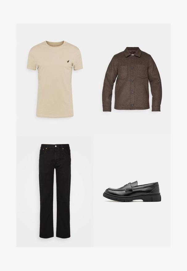 Veste en laine marron avec un devant à boutons, un col pointu et deux poches poitrine. Elle présente une texture douce et un design décontracté.; T-shirt beige à manches courtes en tissu doux, avec un col rond et un petit logo d'oiseau noir sur la partie gauche de la poitrine.; Jean noir à jambe droite en coton. Il possède cinq poches, un bouton en métal et des coutures orange accentuées à l'avant.; Mocassin en cuir noir avec une large sangle sur le devant, semelle en caoutchouc à épaisse rainure, et texture lisse. Design classique et élégant.