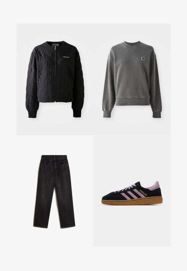 Sort quiltet jakke med lynlås foran, ribbede manchetter og en ikke-aftagelig krave. Har et subtilt broderet logo på øverste venstre side.; Grå pullover sweatshirt lavet af glat bomuldsblanding, med rund hals, ribbede manchetter og et lille logopatch på venstre bryst.; Vans SIRELLE 5 POCKET PUDDLE TROUSERS, - Jeans Straight Leg - black; Sort og pink ruskinds-sneakers med gummisål, tre pink striber, gyldent "SPEZIAL" branding og tekstureret gummisål. Lavt design.