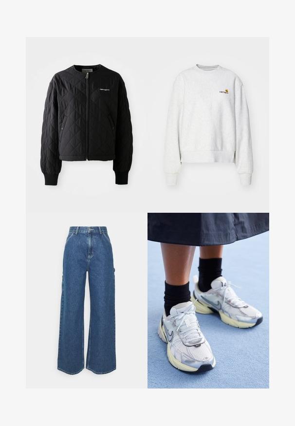 Sort quiltet jakke med lynlås foran, ribbede manchetter og en ikke-aftagelig krave. Har et subtilt broderet logo på øverste venstre side.; Grå crew-neck sweatshirt i et blødt stof med ribbede manchetter og kant; har broderet logo på brystet i gul og mørkerød.; Bredde ben blå denimbukser med høj talje, kontrastsyede sømme og sidelommer, med et klassisk fem-lomme design og rå kanter.; Hvide og sølv Nike sneakers med mesh-stof, reflekterende detaljer og en beige sål. Bæres med sorte sokker og står på en blå overflade.