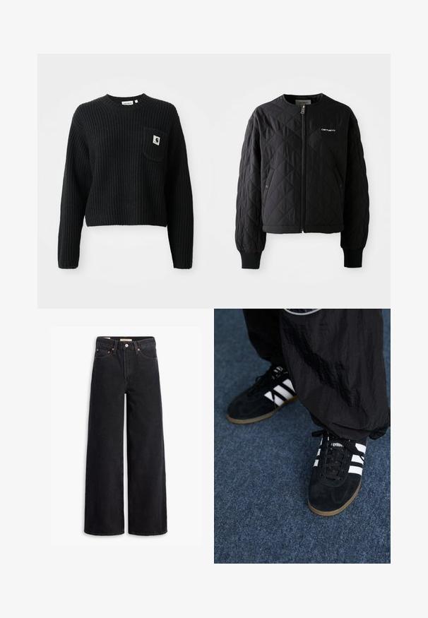 Veste noire matelassée avec un zip à l'avant, des poignets côtelés et un col non détachable. Présente un logo subtilement brodé sur le côté supérieur gauche.; Pull en maille côtelée noir avec un col rond, des manches longues et une poche avant arborant un petit patch logo. Longueur cropped.; Jean noir à jambe large en denim, comportant cinq poches, des rivets en laiton et une fermeture à bouton classique. Texture lisse avec un design épuré.; Des chaussures de sport en suède noir avec trois rayures blanches et des lacets noirs. Un pantalon noir texturé est partiellement visible à côté des chaussures.