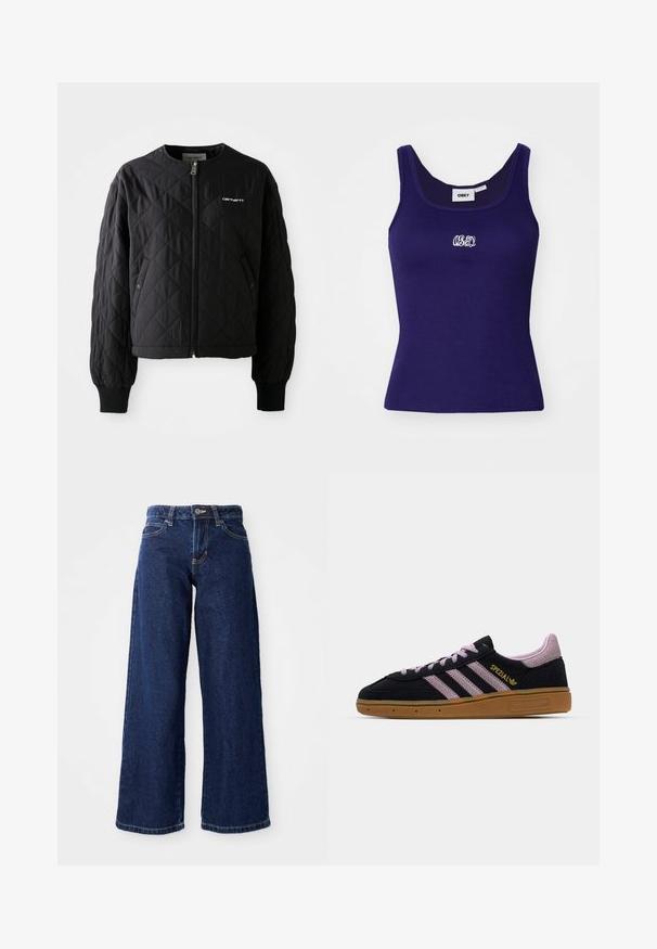 Sort quiltet jakke med lynlås foran, ribbede manchetter og en ikke-aftagelig krave. Har et subtilt broderet logo på øverste venstre side.; Marineblå ribbet tanktop med ærmeløs design, der har et lille hvidt broderet logo på brystet og en afrundet halsudskæring.; Mørkeblå vide jeans lavet af denim, med knap- og lynlåslukning, bæltesløjfer og klassisk fem-lomme design.; Sort og pink ruskinds-sneakers med gummisål, tre pink striber, gyldent "SPEZIAL" branding og tekstureret gummisål. Lavt design.
