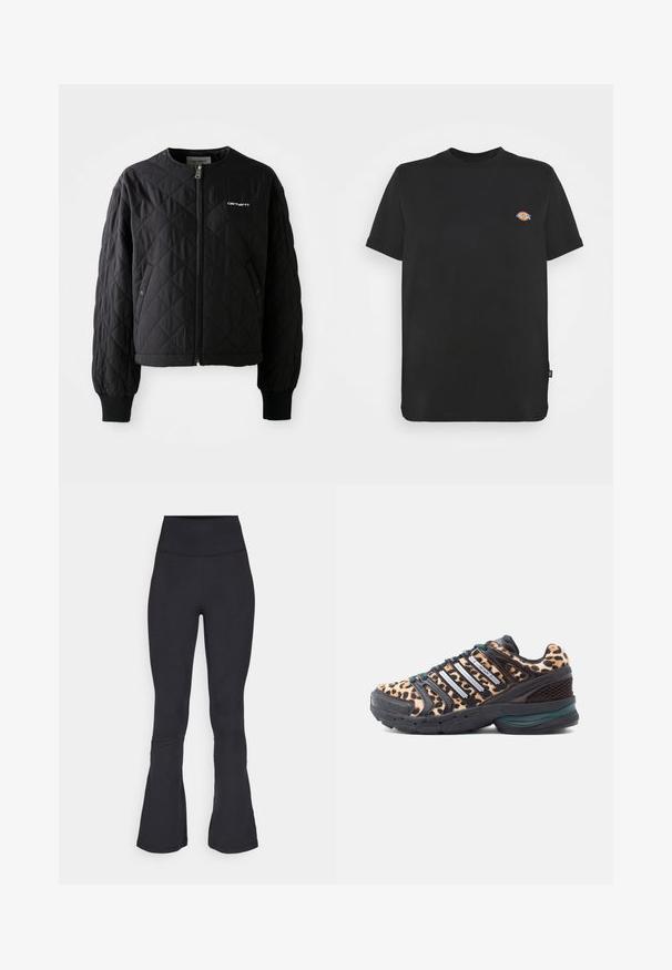Veste noire matelassée avec un zip à l'avant, des poignets côtelés et un col non détachable. Présente un logo subtilement brodé sur le côté supérieur gauche.; T-shirt en coton noir à manches courtes, col rond, avec un logo coloré sur la poitrine gauche. Ourlet droit avec détail d'étiquette sur le côté.; Leggings évasés noirs en tissu extensible, avec une taille haute, une texture lisse et des détails de couture subtils.; Chaussure de sport à imprimé léopard avec des accents en maille noire, une semelle noire robuste et trois bandes argentées traversant la partie supérieure pour le maintien.