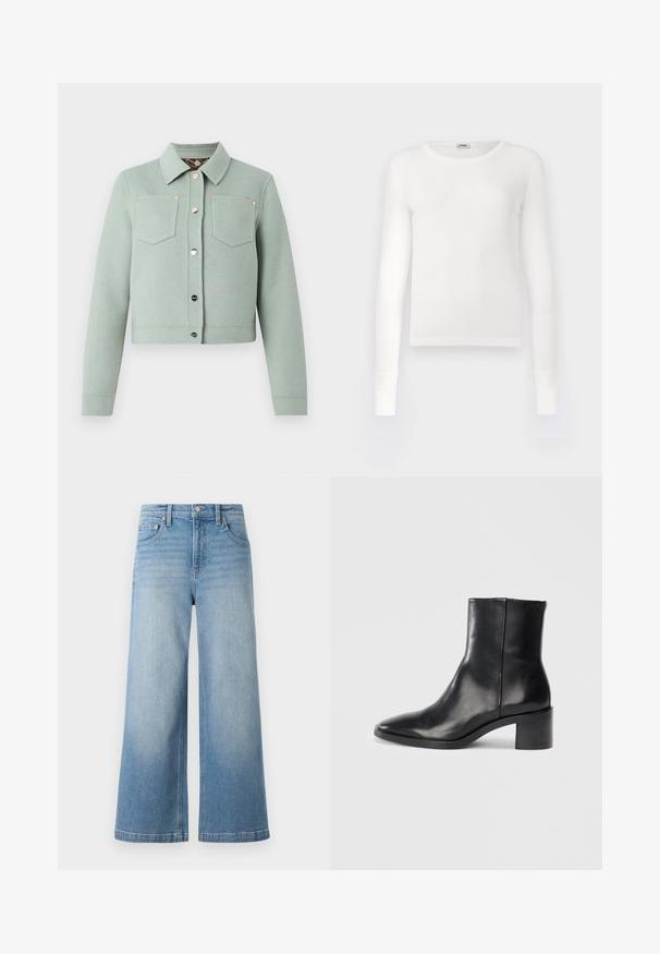 Lichtgroene cropped jas met lange mouwen, twee voorzakken op de borst, een kraag en zilveren drukkers middenvoor.; Witte langemouwen top gemaakt van ribbelstof, met een ronde halslijn en een slim fit ontwerp met rechte mouwen en een eenvoudige zoom.; Lichtblauwe denim brede pijpen jeans met een hoge taille, vijf-pocket ontwerp, zichtbare stiksels en een knoopsluiting aan de voorkant.; Zwarte leren enkellaars met een puntige neus, lage blokhak en subtiele reliëflogo. Gladde textuur met een strak ontwerp en minimale stiksels.