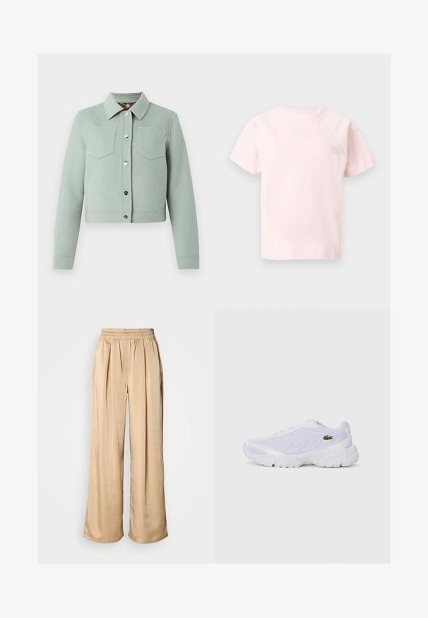 Hellgrüne, kurze Jacke mit langen Ärmeln, zwei vorderen Brusttaschen, einem Kragen und silberfarbenen Druckknöpfen in der Mitte.; Hellrosa T-Shirt mit kurzen Raglanärmeln und Rundhalsausschnitt, vor schlichtem grauem Hintergrund dargestellt.; Beige Hosen mit weitem Bein, elastischem Bund und vorderen Falten, aus glattem, glänzendem Stoff.; Weiße Sportschuhe mit Netzobermaterial, strukturiertem Design und gepolstertem Kragen. Merkmale sind ein grünes Logo an der Seite und eine gepolsterte Sohle für Komfort.