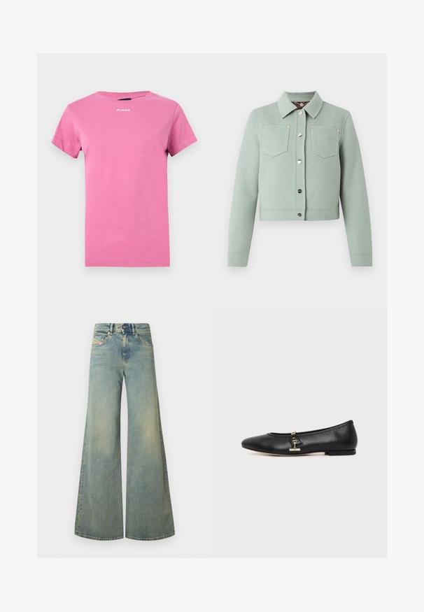 Veste courte vert clair avec manches longues, deux poches poitrine avant, un col et des boutons-pression argentés au centre.; T-shirt rose vif à manches courtes avec encolure ronde et petit logo blanc "PINKO" centré près du col.; Jeans larges bleu clair à taille haute, avec un design classique à cinq poches et un léger délavage. Texture en denim, finition unie.; Chaussure plate en cuir noir avec bout arrondi et petit détail de boucle dorée sur le côté, présentée sur un fond clair uni.