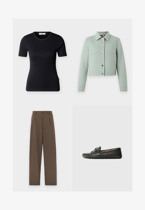 Veste courte vert clair avec manches longues, deux poches poitrine avant, un col et des boutons-pression argentés au centre.; T-shirt noir ajusté à manches courtes avec col rond et une petite étiquette de marque à l'intérieur du col, présenté sur un fond uni.; Pantalon marron à jambes larges en tissu lisse, avec deux plis, une fermeture à un bouton et des poches standards.; Bateau en cuir noir avec un bout arrondi, des détails de couture, un petit accent en nœud et une semelle en caoutchouc. Texture lisse et design épuré.