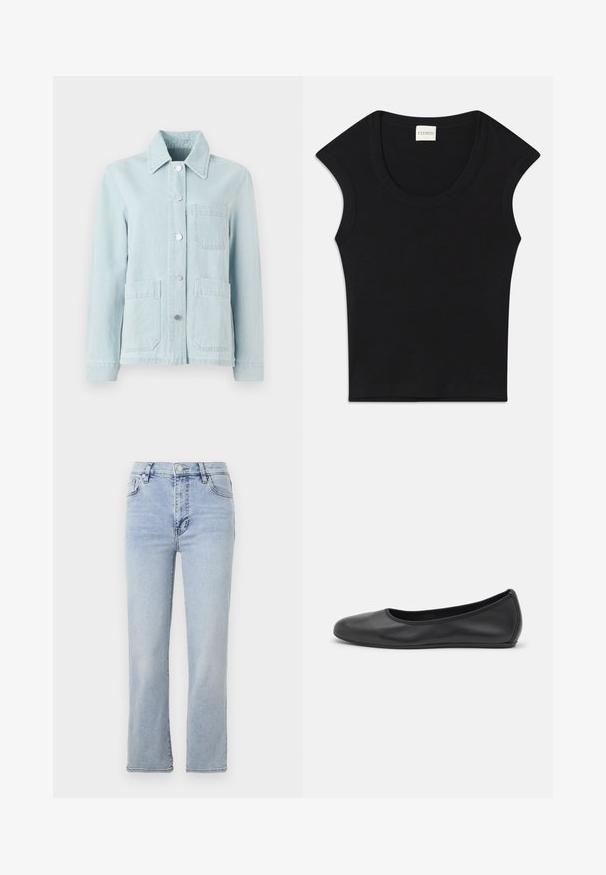Veste en denim bleu clair avec un col, poches avant et boutons argentés. Le tissu a une texture lisse et un design décontracté.; Haut sans manches noir en tissu doux avec un col arrondi et une coupe ajustée. Présente une étiquette portant la mention "CLOSED" au niveau du cou.; Jean en denim bleu clair avec une coupe droite, cinq poches, une fermeture à bouton et zip, et des détails de couture visibles.; Ballerines en cuir noir avec un bout rond, texture lisse, détails de couture minimalistes et design de semelle flexible.