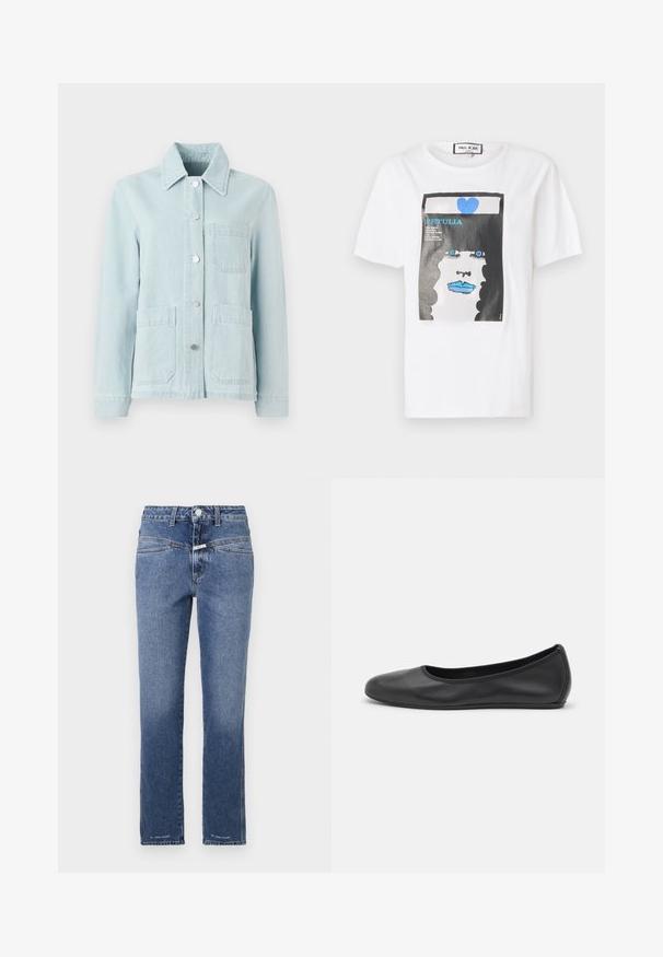 Veste en denim bleu clair avec un col, poches avant et boutons argentés. Le tissu a une texture lisse et un design décontracté.; T-shirt en coton blanc avec un imprimé graphique d'un visage aux lèvres et aux yeux bleus, encadré par un bord noir et un détail en forme de cœur bleu.; Jeans en denim de couleur bleue intermédiaire, coupe droite, avec une taille mi-haute, cinq poches et des détails de surpiqûres discrets.; Ballerines en cuir noir avec un bout rond, texture lisse, détails de couture minimalistes et design de semelle flexible.