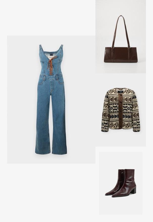 Uldjakke med lange ærmer og knapper med brun kant og geometriske brune og sorte mønstre på en cremefarvet baggrund.; Denim overall med en tætsiddende overdel og vide bukseben, der har en rund halsudskæring og brun snørelukning foran. Lyseblå farve og struktureret stof.; Skinnende mørkebrune læderankelstøvler med spidse tæer, sidelås og blokhæl på en ensfarvet lys grå baggrund.; Brun lakeret håndtaske med rektangulær form, to lange håndtag og subtile buede detaljer på fronten.