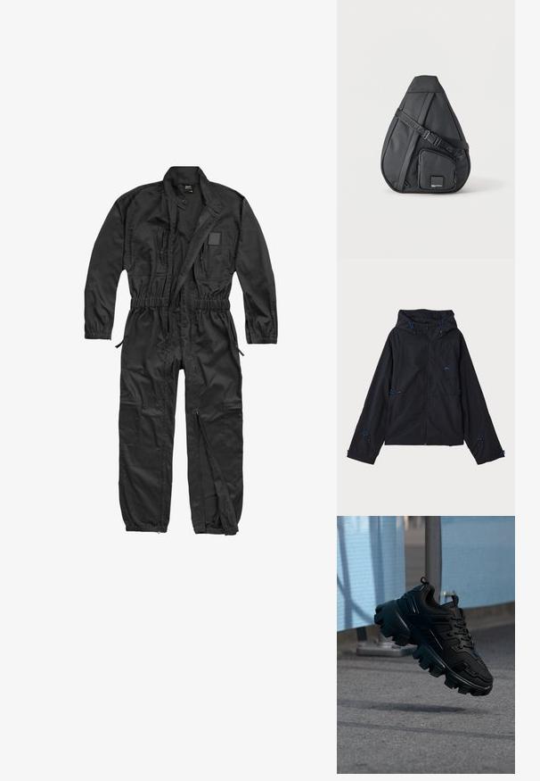 Zwarte lichtgewicht jas met een capuchon, voorzien van blauwe accenten, trekkoorden en een ritsluiting. Gemaakt van waterafstotende stof.; Brandit BRANDIT HERREN EINSATZKOMBI - Jumpsuit - black; Zwarte chunky sneaker met dikke profielzool die boven een grijze stoep zweeft, tegen een wazige lichtblauwe en grijze achtergrond.; Zwarte druppelvormige crossbodytas met verstelbare band en voorvak met rits met een klein merklogo.