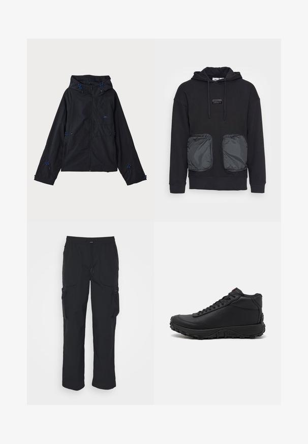 Schwarze leichte Jacke mit Kapuze, ausgestattet mit blauen Akzenten, Kordelzügen und einem Reißverschluss. Hergestellt aus wasserabweisendem Material.; Schwarzer Kapuzenpullover mit lässiger Passform, ausgestattet mit zwei großen Reißverschlusstaschen aus glänzendem Material auf der Vorderseite. Kleines Logopatch über den Taschen.; Schwarze Cargo-Hosen aus gewebtem Stoff. Mit verstellbarem Bund, Seitentaschen und zwei Utility-Taschen mit Reißverschlüssen.; Schwarze High-Top-Sneaker aus strukturiertem Leder, mit einer dicken Gummisohle mit Profil und Schnürdesign. Roter Akzent auf der Zunge.
