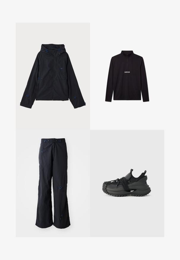 Chaqueta ligera negra con capucha, con detalles en azul, cordones ajustables y cierre de cremallera. Fabricada en un material resistente al agua.; Jersey de manga larga negro de Calvin Klein con cremallera de cuarto y logo blanco impreso en el pecho.; Pantalones anchos, ligeros y negros con un acabado texturizado. Presentan acentos azules y toggles para un ajuste. Cierre con cremallera.; Emporio Armani Zapatillas - black