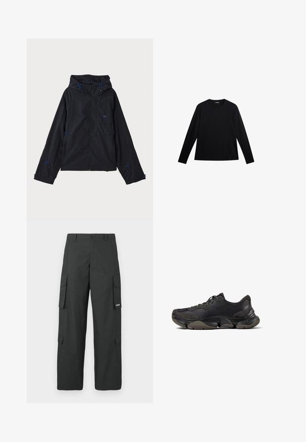 Chaqueta ligera negra con capucha, con detalles en azul, cordones ajustables y cierre de cremallera. Fabricada en un material resistente al agua.; Camiseta negra de manga larga hecha de tela suave, con cuello redondo y un logotipo sutil en el frente, con un corte holgado.; Pantalones cargo rectos negros con bolsillos laterales con solapa, cierre de botón, trabillas para cinturón y pequeño logo blanco en la solapa del bolsillo derecho.; Zapatilla deportiva negra con suela texturizada, parte superior de cuero y gamuza, cuello acolchado y cierre con cordones, mostrada en perfil lateral.