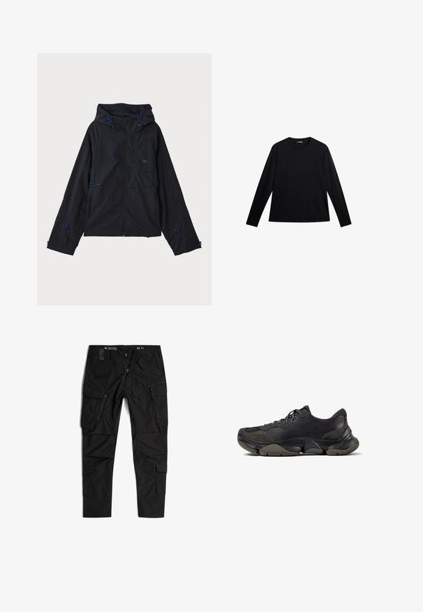Zwarte lichtgewicht jas met een capuchon, voorzien van blauwe accenten, trekkoorden en een ritsluiting. Gemaakt van waterafstotende stof.; Zwart langslijks T-shirt van gladde stof, met een ronde hals en een subtiele logo op de voorkant, met een relaxte pasvorm.; G-STAR TOOLBOX - Cargobroek - dk black; Zwarte sportieve sneaker met een gestructureerde zool, leren en suède bovenwerk, gevoerde kraag en vetersluiting, getoond in zijprofiel.