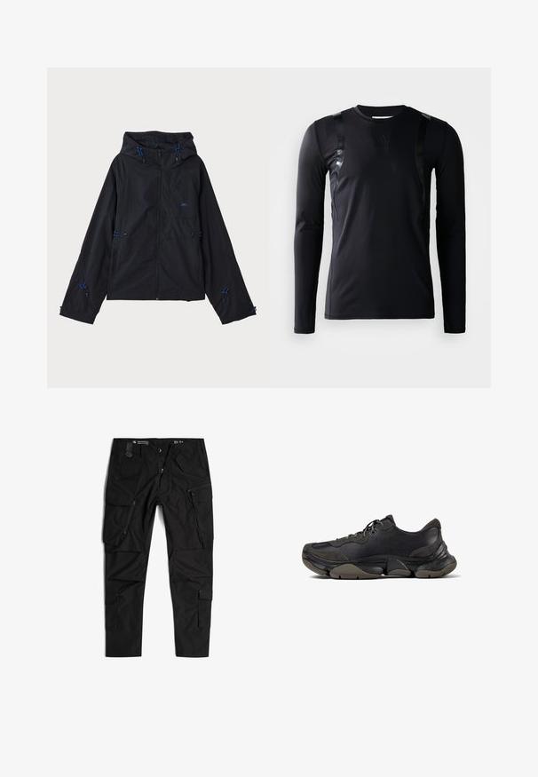 Zwarte lichtgewicht jas met een capuchon, voorzien van blauwe accenten, trekkoorden en een ritsluiting. Gemaakt van waterafstotende stof.; Zwarte lange-mouwen sportshirt gemaakt van glad, rekbaar materiaal. Kenmerkt zich door glanzende zwarte accenten op de schouders en een Adidas-logo op de borst.; G-STAR TOOLBOX - Cargobroek - dk black; Zwarte sportieve sneaker met een gestructureerde zool, leren en suède bovenwerk, gevoerde kraag en vetersluiting, getoond in zijprofiel.