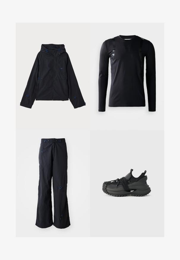 Veste légère noire avec capuche, présentant des accents bleus, des cordons de serrage et une fermeture éclair. Fabriquée en tissu résistant à l'eau.; T-shirt de sport à manches longues noir en tissu lisse et extensible. Présente des accents noirs brillants sur les épaules et un logo Adidas sur la poitrine.; Pantalons noirs, légers et à jambes larges avec une finition texturée. Présente des accents bleus et des cordons pour un ajustement. Fermeture éclair.; Emporio Armani Baskets basses - black