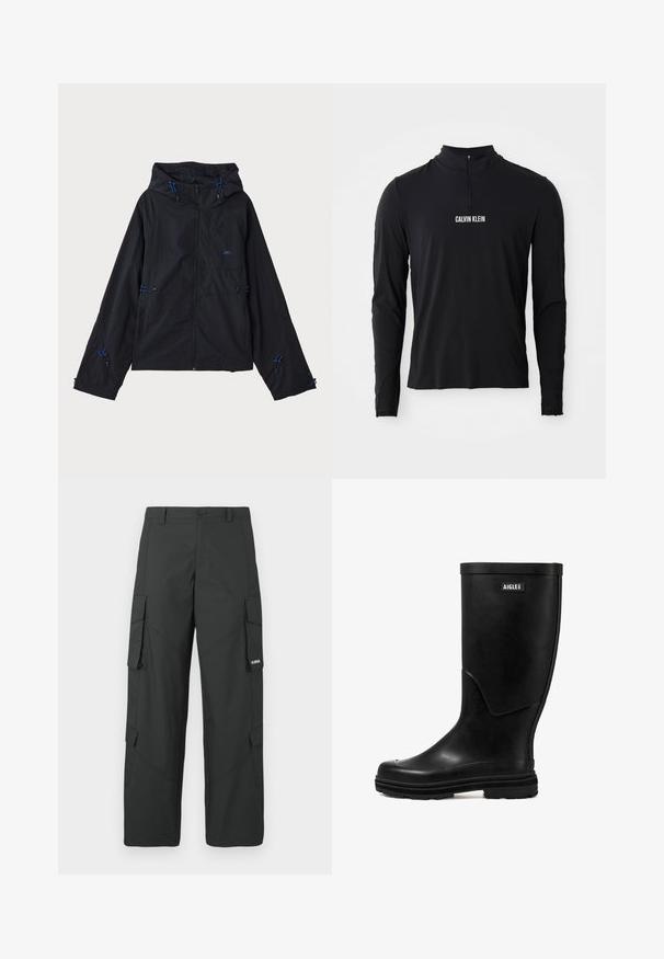 Schwarze leichte Jacke mit Kapuze, ausgestattet mit blauen Akzenten, Kordelzügen und einem Reißverschluss. Hergestellt aus wasserabweisendem Material.; Schwarzes Langarmoberteil mit hohem Kragen, ausgestattet mit einem Viertel-Reißverschluss und weißem "CALVIN KLEIN" Logo auf der Vorderseite. Glatter, elastischer Stoff.; Schwarze gerade Cargo-Hosen mit seitlichen Klappentaschen, Druckknopfverschluss, Gürtelschlaufen und kleinem weißen Logo auf der Klappentasche rechts.; Schwarzer Gummi-Regenstiefel mit glatter Textur, runder Zehenform und einem Logo-Patch. Verfügt über eine mittelhohe Schafthöhe und eine strukturierte Sohle für besseren Halt.