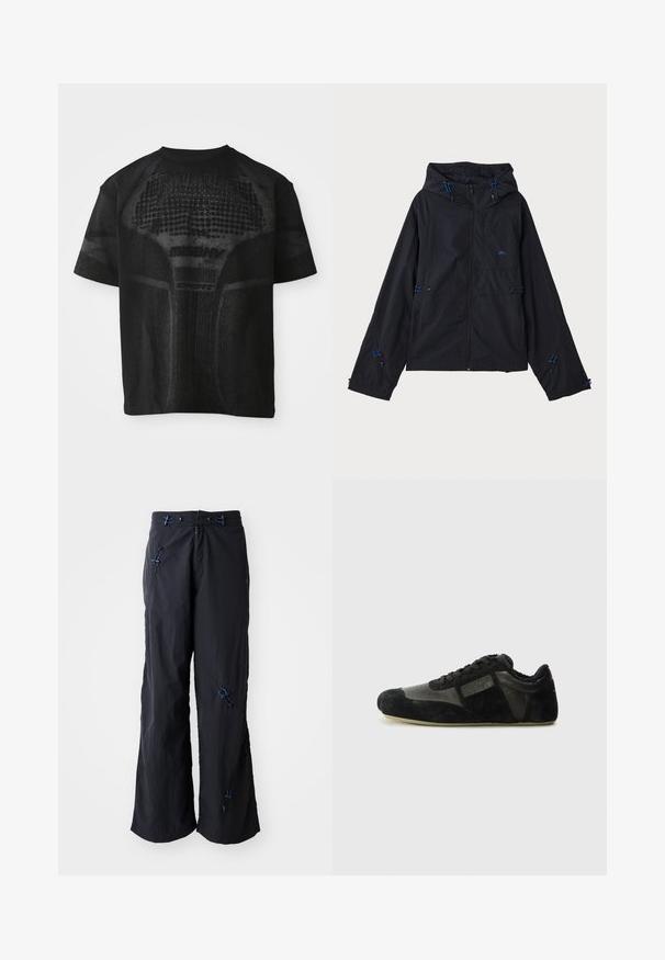 Zwarte lichtgewicht jas met een capuchon, voorzien van blauwe accenten, trekkoorden en een ritsluiting. Gemaakt van waterafstotende stof.; Zwarte sport T-shirt met korte mouwen, voorzien van een gestructureerd patroon en subtiele "MISBHV SPORT" tekst aan de voorkant.; Zwarte, lichtgewicht, wijde broek met een textuurafwerking. Voorzien van blauwe accenten en toggles voor aanpassingsmogelijkheden. Rits sluiting.; Zwarte sneakers gemaakt van suede en leer. Voorzien van een laag profiel, afgeronde neus, vetersluiting en textuurelementen. De zolen hebben een grip textuur.