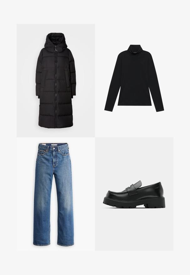 Zwarte gewatteerde jas met hoge kraag, voorrits, grote zakken en een capuchon. Soepele textuur met een doorstikt patroon overal.; Zwarte langetermijn turtleneck. Zachte stof, getailleerd design, hoge kraag en zijnaad. Eenvoudige en veelzijdige stijl die geschikt is voor het laagjes dragen.; Lichtblauwe spijkerbroek met een hoge taille, brede pijpen, klassieke vijfzakkenstijl en subtiele vervaging in de stof.; Zwarte leren instappers met een chunky, gestructureerde zool, voorzien van een band over de voet en een gladde, gepolijste afwerking.