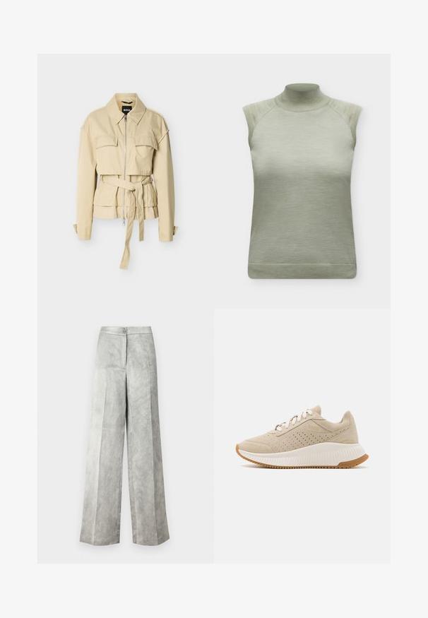 Beige ritsvest met twee klepzakken op de borst, tailleband met ceintuur, lange mouwen met manchetten met knopen en een puntige kraag.; Mouwloze lichtgroene gebreide top met een hoge col en geribbelde randen op de schouders en zoom.; Wijde pijpen broek in lichtgrijs, van een gladde stof met een subtiele glans. Beschikt over een sluiting met knoop aan de voorkant en strakke plooien.; Beige sportieve sneaker van suède materiaal, met een geperforeerd ontwerp, witte zool en beige accenten. Voorzien van veters en logo-details.