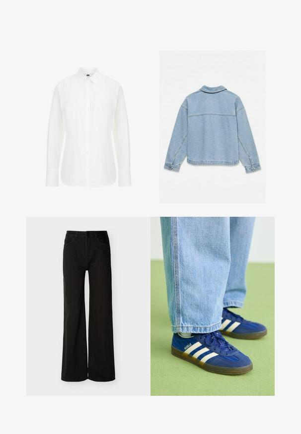 Chaqueta de denim azul claro con mangas largas, puños abotonados y bajo recto, vista desde atrás sobre un fondo blanco.; Camisa blanca de manga larga hecha de algodón, con un cuello clásico, botones en la parte delantera y un dobladillo recto con bordes ligeramente redondeados.; Vaqueros de mezclilla negros de cintura alta y pierna ancha con cierre frontal de botones y cremallera, bolsillos delanteros y traseros, mostrados sobre fondo blanco.; Zapatillas de ante azul con rayas blancas y patrones texturizados, combinadas con pantalones de mezclilla azul claro, sobre un fondo verde.