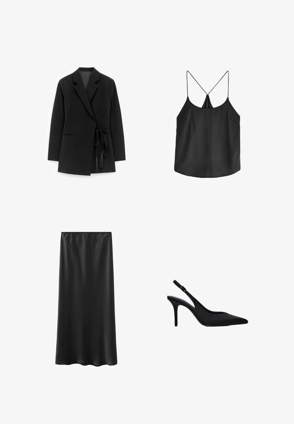 Zwarte blazer van gladde stof, met een sjaalkraag, taille met een ceintuur met kwastjes, en zijzakken met subtiele stikdetails.; Zwarte mouwloze top met een gladde textuur, voorzien van dunne bandjes en een V-vormig rugontwerp. Geen extra patronen of accenten.; Zwarte, tot op de vloer vallende rok gemaakt van glad, lichtgewicht materiaal, met een elastische tailleband en een eenvoudig ontwerp. Geen zichtbare patronen of accenten.; Zwarte slingback pumps van gladde stof, met een spits toelopende neus en een dunne naaldhak. Verstelbare band met gespdetail.