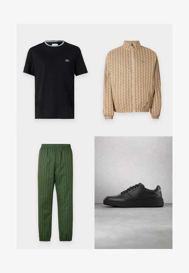 Beige ritsjack met een geometrisch patroon. Voorzien van een opstaande kraag, elastische manchetten en een klein logoaccent op de borst.; Zwarte katoenen t-shirt met ronde hals, voorzien van een witte en groene gestreepte afwerking en een geborduurd groen krokodillenlogo op de linkerborst.; Groene sportbroeken met een elastische tailleband, taps toelopende benen en een geometrisch patroon. Gemaakt van lichtgewicht materiaal.; Zwarte leren sneakers met een afgeronde neus, veters aan de voorkant en subtiele perforatiedetails. Een zilveren accentlogo is zichtbaar op de veters.