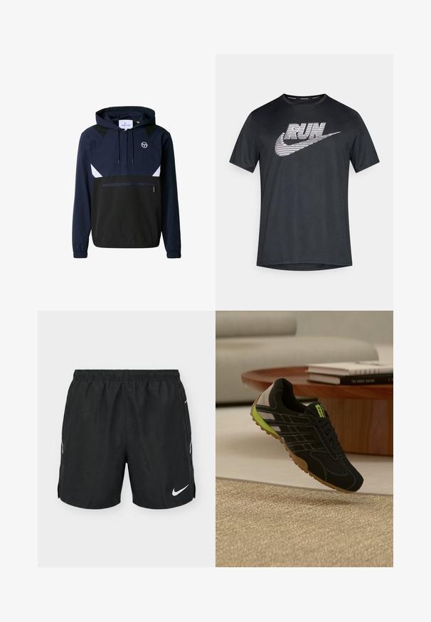 Coupe-vent bleu marine et noir avec capuche, accents blancs, poche zippée à l'avant et poignets élastiques. Confectionné en matériau léger et respirant.; T-shirt sportif noir en tissu respirant, avec un grand texte "RUN" rayé blanc et le logo swoosh de Nike sur le devant.; Shorts de sport noirs avec taille élastique et logo Nike blanc sur la partie inférieure de la jambe gauche, vus de face sur fond blanc.; Chaussure de sport noire avec des accents verts, en mesh et matériau synthétique, semelle en caoutchouc texturée, présentant des surpiqûres contrastantes et un design élégant.