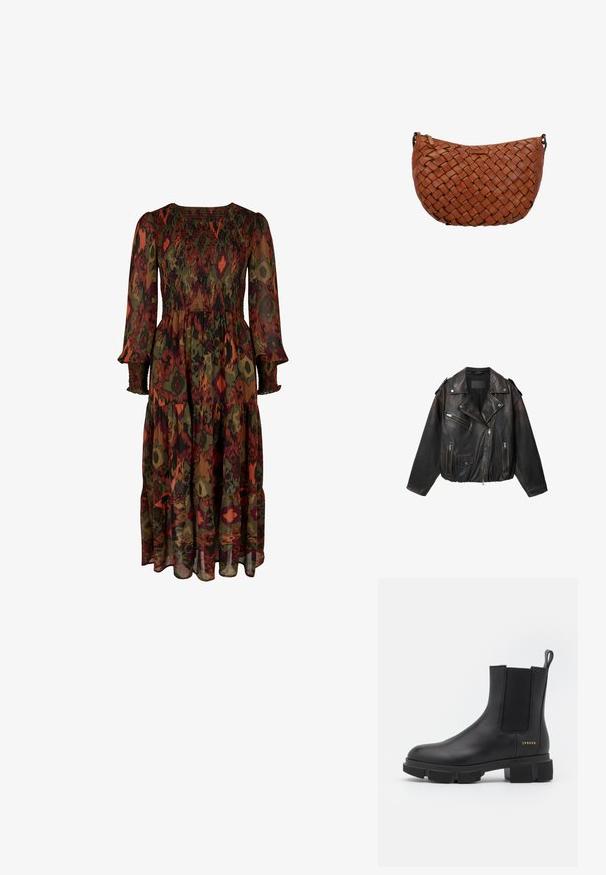 Schwarze Leder-Bikerjacke mit asymmetrischem Reißverschluss, Reißverschlusstaschen an Brust und Seiten, Klappentasche mit Druckknopf sowie Schulterklappen.; Maxikleid mit langen Ärmeln, das über ein gerafftes Oberteil und einen schichtweisen Rock verfügt. Hergestellt aus einem durchsichtigen Stoff mit einem mehrfarbigen geometrischen Muster.; Schwarze Leder-Ankle-Boots mit elastischen Seitenpaneelen und einer robusten, profilierten Sohle. Mit einer Zuglasche und goldenen Markendetails. Matte Oberfläche.; Braune Leder-Umhängetasche mit gewebtem Muster und Reißverschluss oben, vor weißem Hintergrund gezeigt.