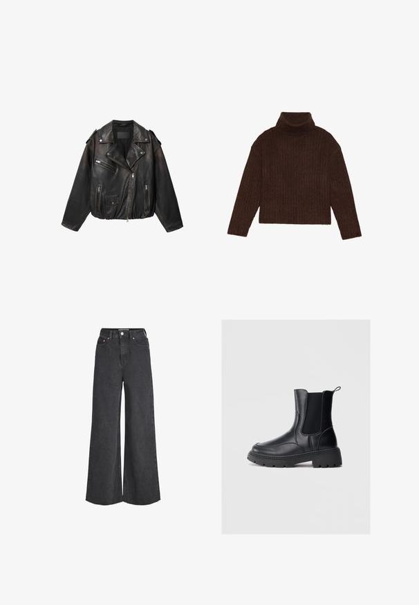 Zwarte leren bikerjack met asymmetrische rits, ritssluitingen op borst- en zijzakken, een klepzak met drukknop en epauletten op de schouders.; Bruine geribbelde coltrui met lange mouwen en een cropped silhouet, met een dikke, gestructureerde brei ontwerp.; Zwarte high-waist jeans met wijde pijpen, sluiting aan de voorkant met knopen en rits, voorzakken en rafelige zoom.; Zwarte chelsea boots van soepel leer, met elastische zijpanelen, een dikke, robuuste hak en een lepel aan de achterkant voor gemakkelijk aan- en uittrekken.