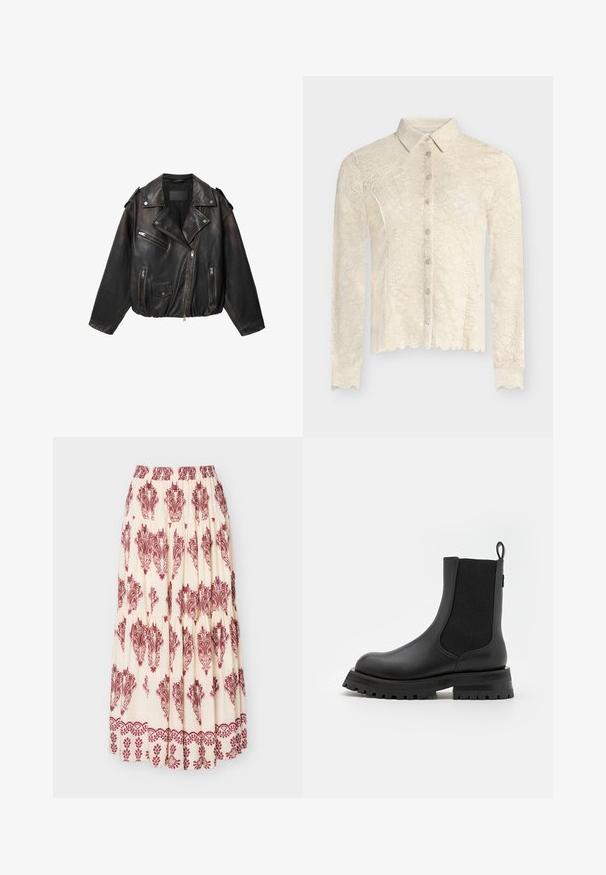 Veste de motard en cuir noir avec fermeture éclair asymétrique, poches poitrine et latérales zippées, poche à rabat à pression et épaulettes sur les épaules.; Blouse en dentelle à manches longues de couleur crème avec bords festonnés, boutons sur le devant et col classique, présentant un motif floral en dentelle sur l'ensemble.; Jupe maxi crème avec imprimés bordure paisley bordeaux et floral, avec volants froncés et taille élastique.; Bottine noire avec une finition en cuir lisse, des panneaux latéraux élastiques et une semelle en caoutchouc épaisse. Comprend une languette à l'arrière.