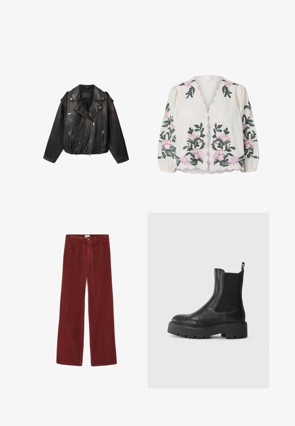 Zwarte leren bikerjack met asymmetrische rits, ritssluitingen op borst- en zijzakken, een klepzak met drukknop en epauletten op de schouders.; Crèmekleurige blouse met lange mouwen, golvende randen en roze en groene bloemenborduursels voor en op de mouwen.; Corduroy broek in diep bordeauxrood, met brede pijpen, een knoopsluiting en zichtbare ribbelstructuur door de stof.; Zwarte leren enkelboot met elastische zijpanelen, een ronde neus en een chunky, getextureerde rubberen zool. Voorzien van een treklabel aan de achterkant.