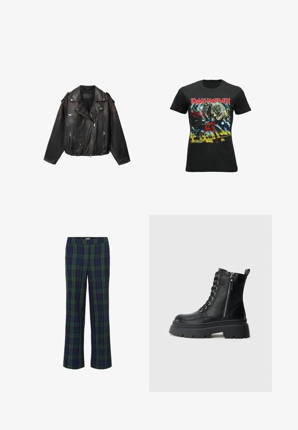 Sort læder bikerjakke med asymmetrisk lynlås, lynlåslommer på bryst og sider, lomme med trykknapklap og skulderklaffer.; rockshirts IRON MAIDEN NUMBER OF THE BEAST - T-shirts print - black; Grønne og marineblå ternede bukser med lige ben-design og elastisk talje. Stoffet har en blød tekstur og prydes af et klassisk ternet mønster.; Sorte ankelstøvler i læder med rund snude, snørelukning foran, sidelås og chunky gummisål med tydeligt mønster.