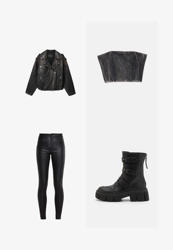Zwarte leren bikerjack met asymmetrische rits, ritssluitingen op borst- en zijzakken, een klepzak met drukknop en epauletten op de schouders.; Zwarte denim bustier met gestructureerd ontwerp, met verticale naden en een aangesloten, cropped vorm. Textuur oppervlak met subtiele vervaging.; Zwarte neplederen skinny broeken met gestikte paneeldetails, hoge taille en een gladde textuur. Voorzien van een ritsopening en voorzakken.; Even&Odd by Zalando Cowboy-/Bikerlaarsjes - black