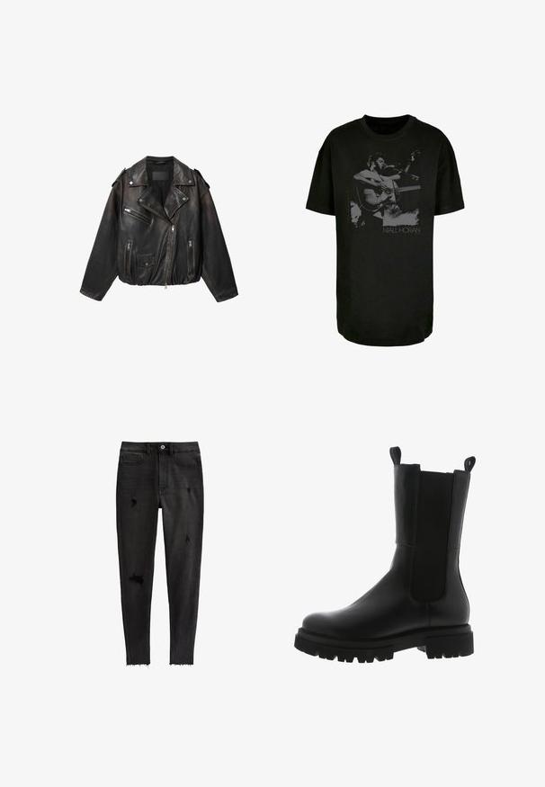 Veste de motard en cuir noir avec fermeture éclair asymétrique, poches poitrine et latérales zippées, poche à rabat à pression et épaulettes sur les épaules.; T-shirt en coton noir avec un graphisme monochrome d'un musicien avec une guitare acoustique, incluant le texte "Niall Horan" en bas.; Jean skinny noir en denim, avec des accents déchirés, taille haute, cinq poches et un ourlet brut au niveau des chevilles.; Bottines en cuir noir avec un design épuré, panneaux latéraux élastiques, tirants et une semelle en caoutchouc épaisse avec un motif dentelé.